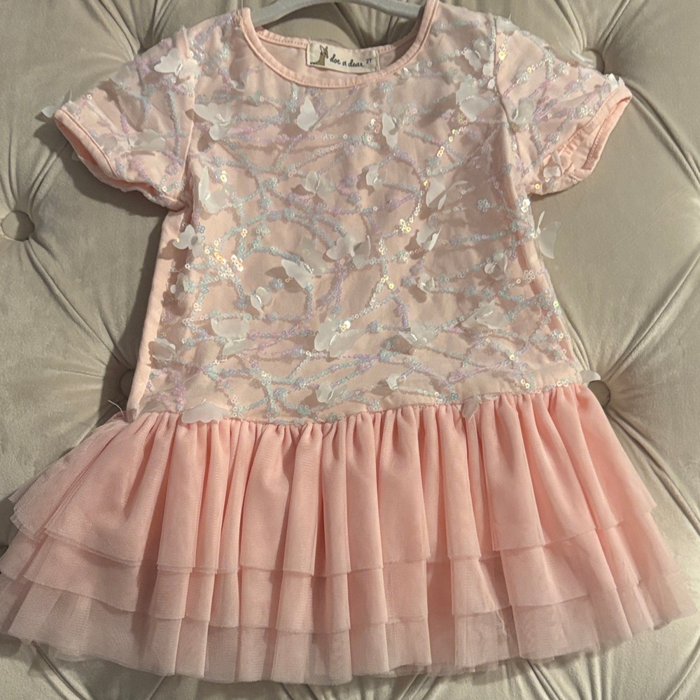 Girls Pink Sequin Butterfly Tiered Tulle Dress